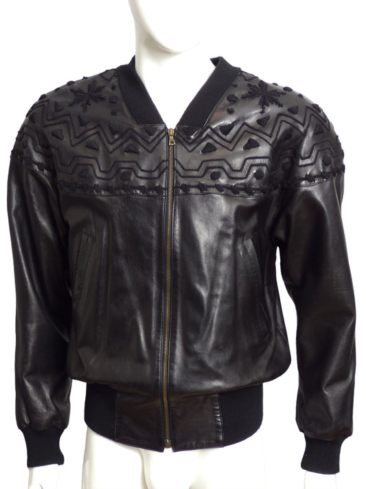 CLAUDE MONTANA-1980s Black Leather Bomber Jacket, Size-Large
