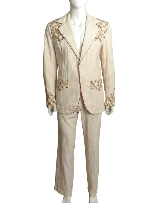 1970s Embroidered Cotton Suit, Size Large