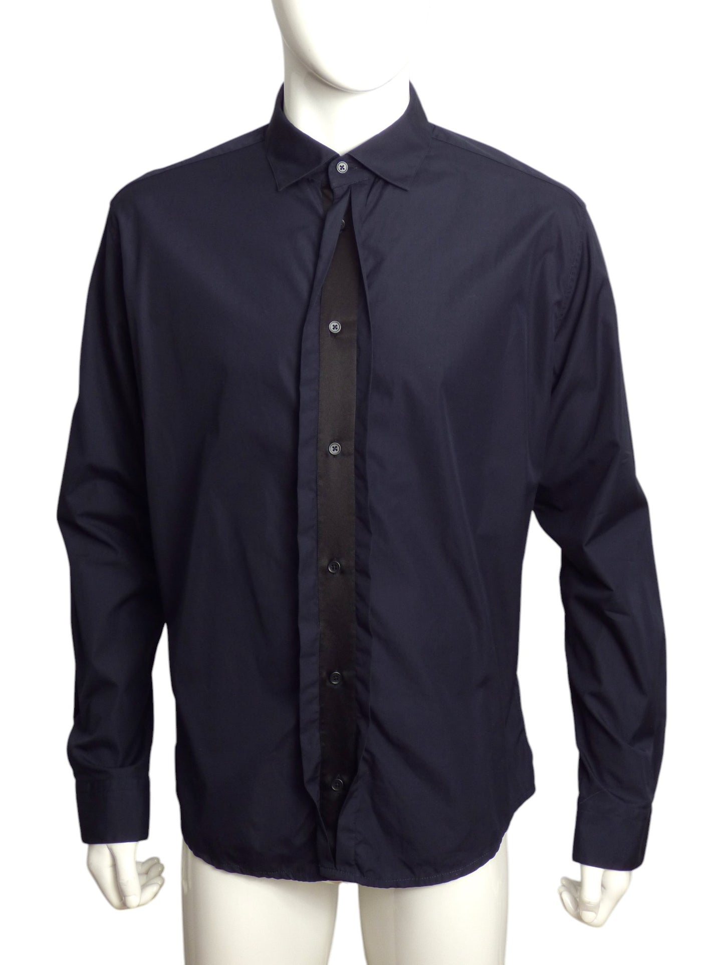 HERMES- Navy & Black Ruffle Front L/S Shirt, Size 2XL