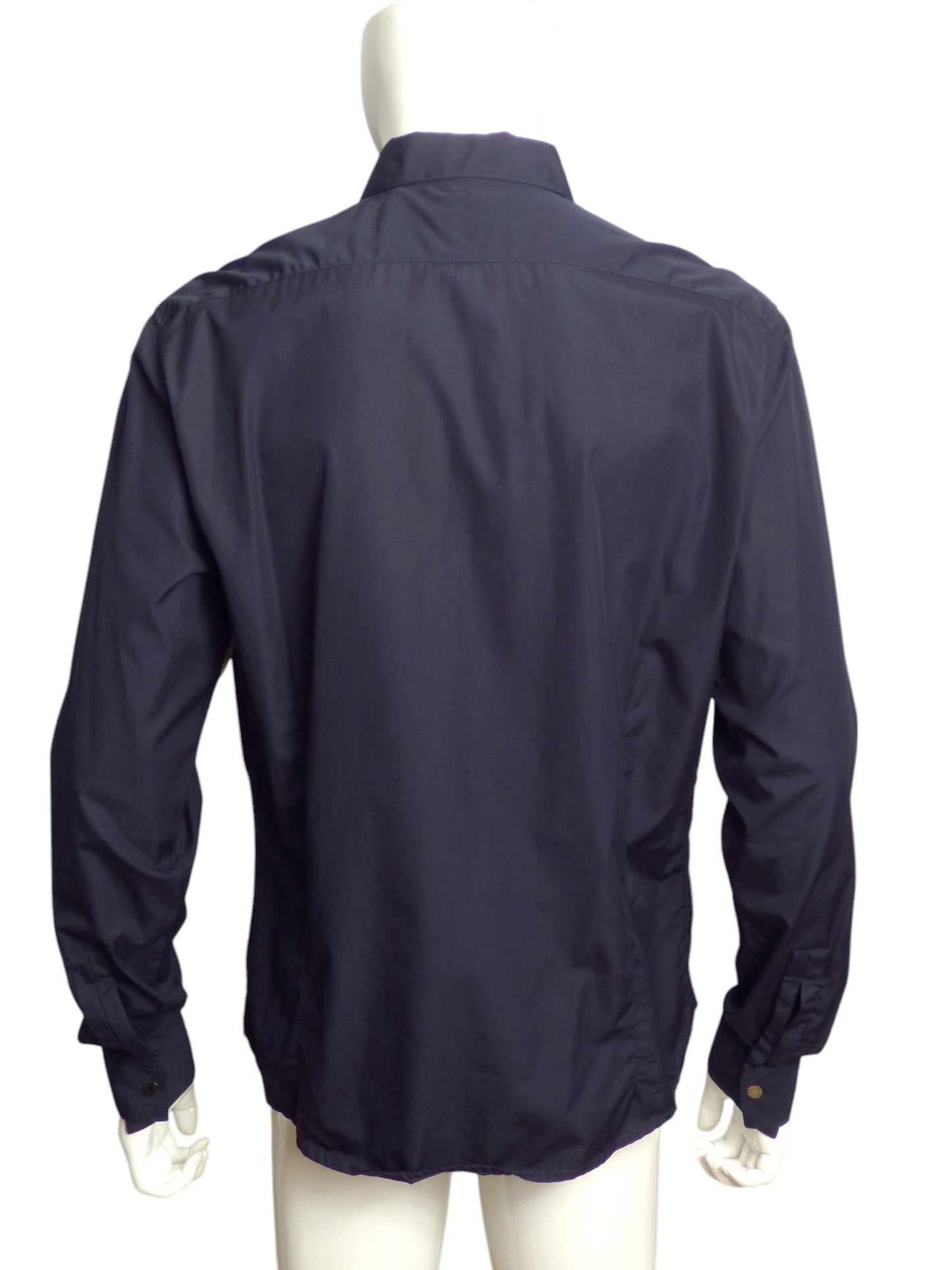 HERMES- Navy & Black Ruffle Front L/S Shirt, Size 2XL