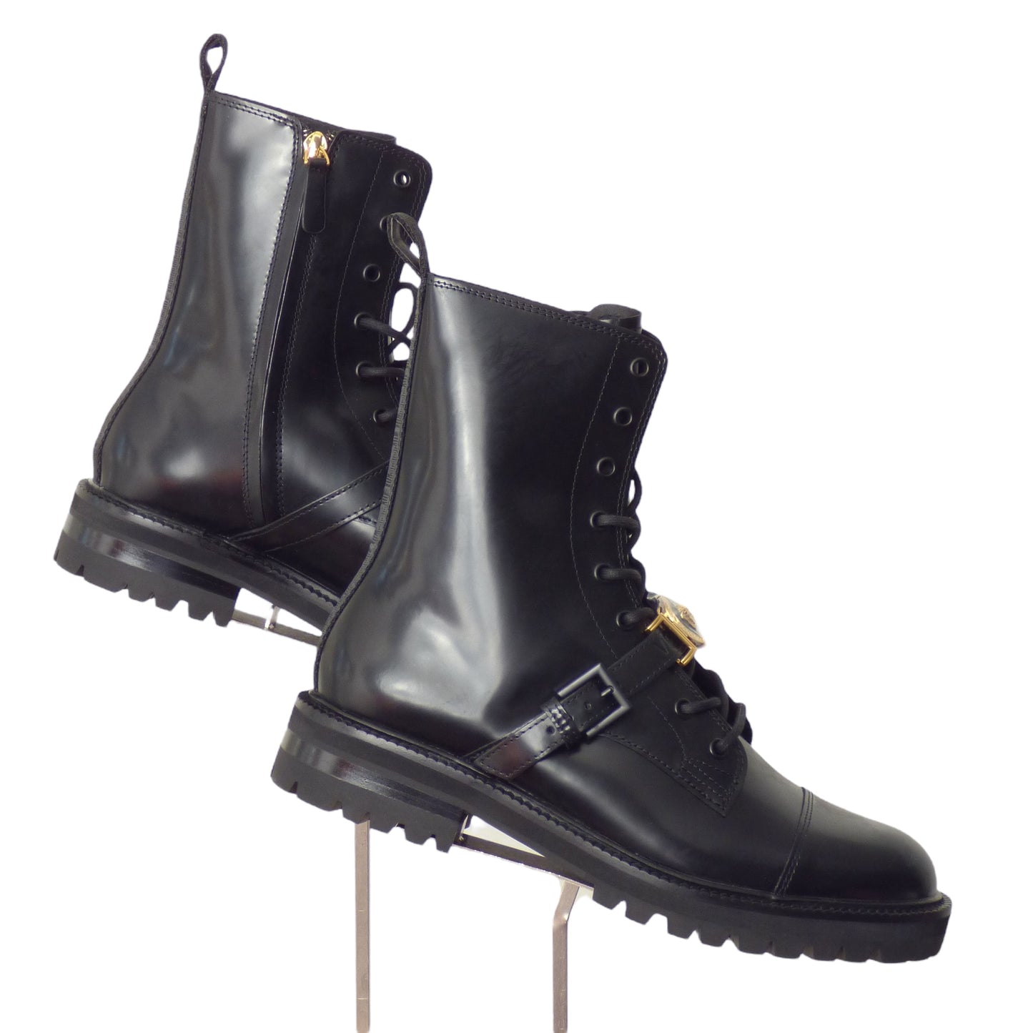 VERSACE- NIB 2023 Black Leather Medusa Buckle Combat Boots, Multi Sizes Available