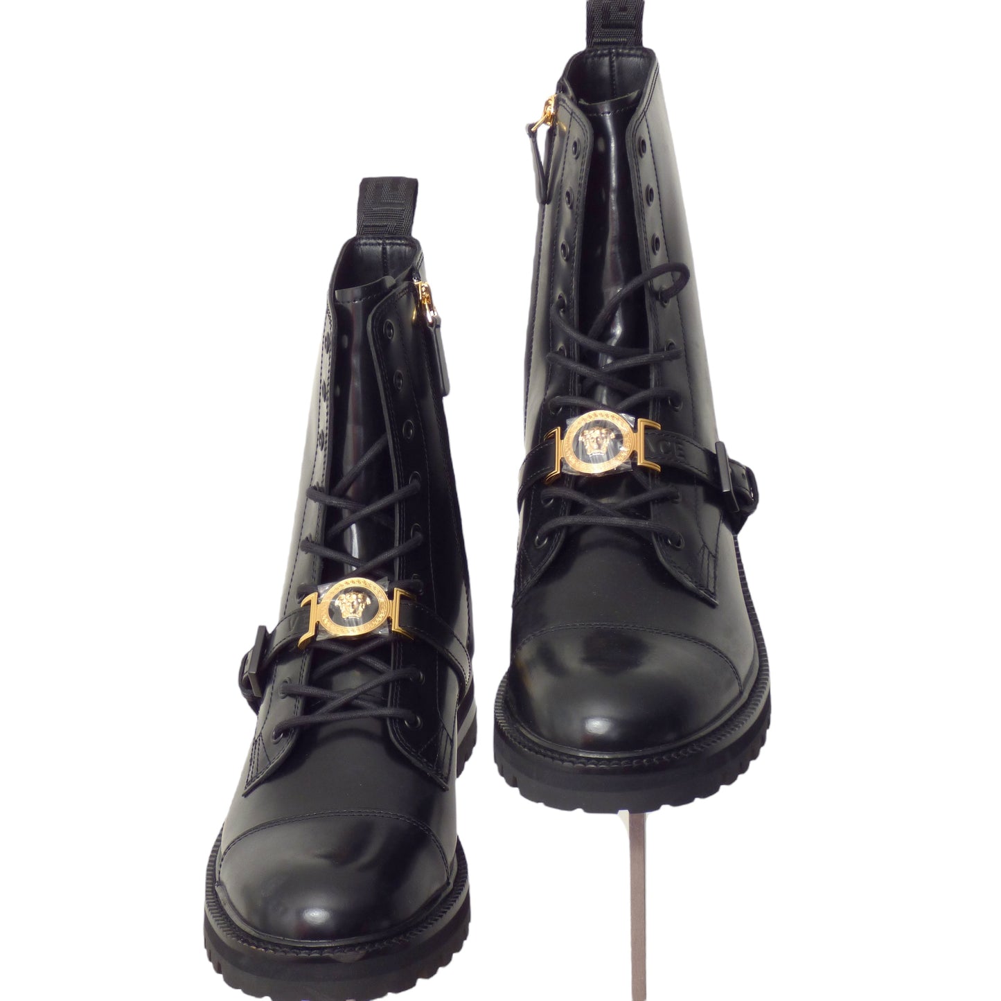 VERSACE- NIB 2023 Black Leather Medusa Buckle Combat Boots, Multi Sizes Available