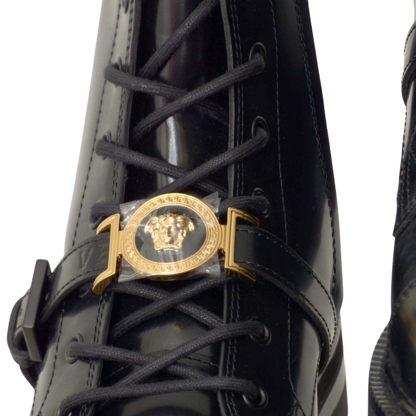 VERSACE- NIB 2023 Black Leather Medusa Buckle Combat Boots, Multi Sizes Available