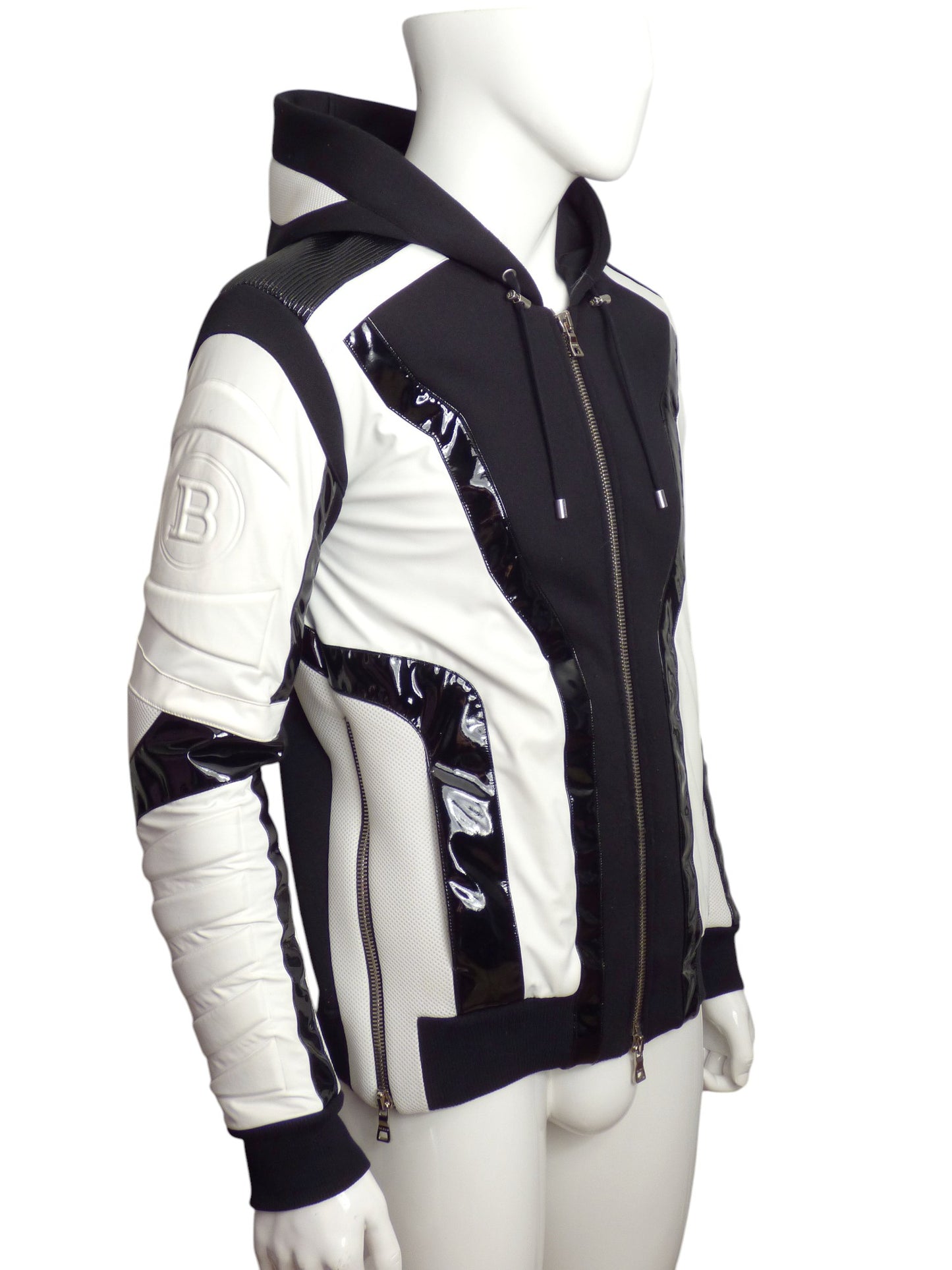 BALMAIN- 2020 Patent & Knit Hooded Racer Hoodie, Size Small