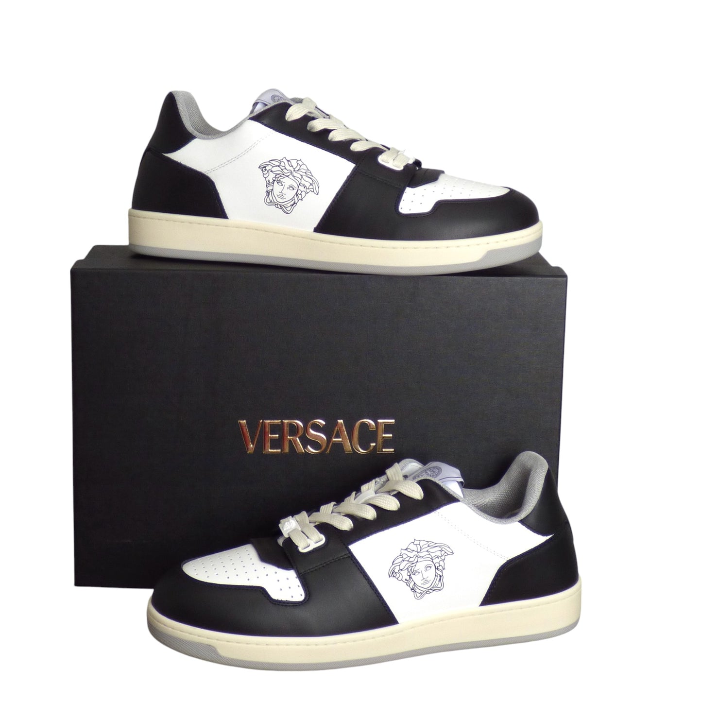 VERSACE-2024 NWT White & Black Vitello Sneakers, Multiple Sizes