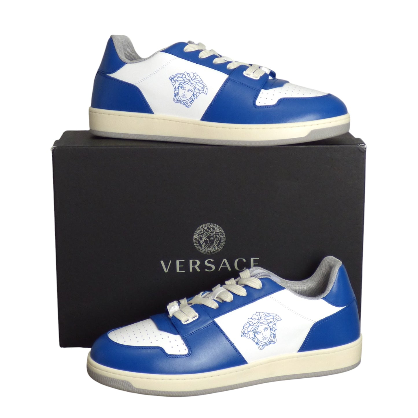 VERSACE-2024 NWT Blue & White Vitello Sneakers, Multiple Sizes