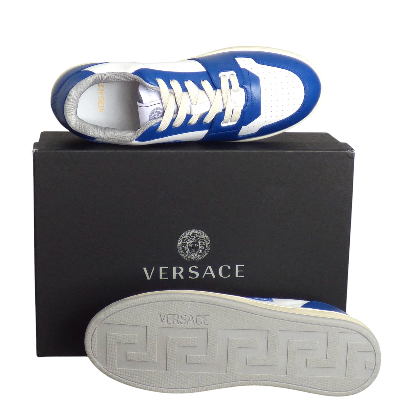 VERSACE-2024 NWT Blue & White Vitello Sneakers, Multiple Sizes