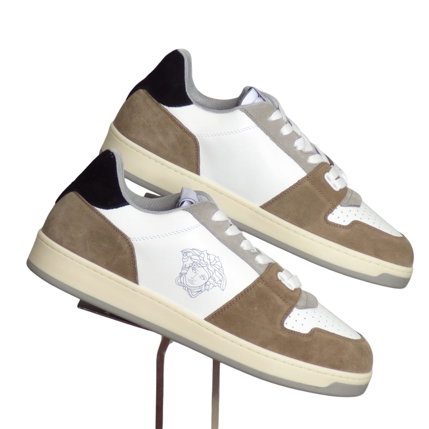 VERSACE-2024 NWT White & Taupe Vitello Sneakers, Multiple Sizes