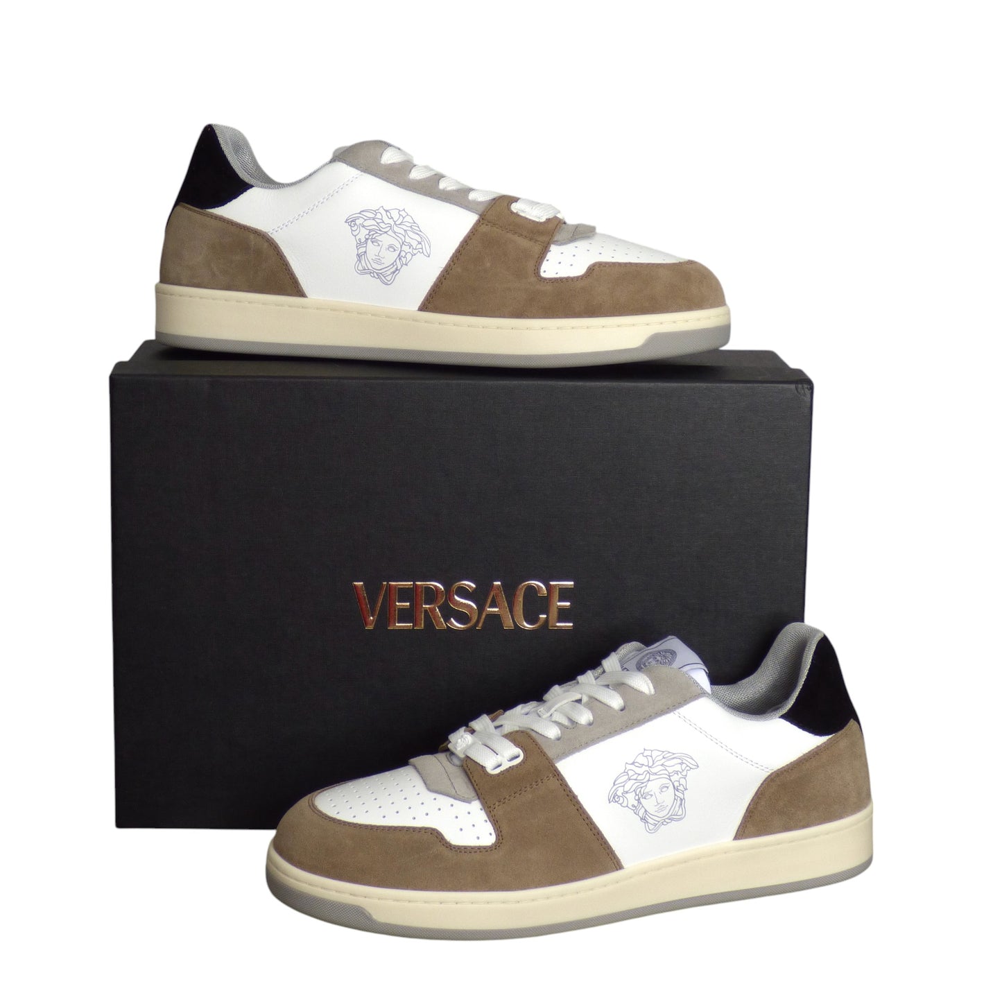 VERSACE-2024 NWT White & Taupe Vitello Sneakers, Multiple Sizes