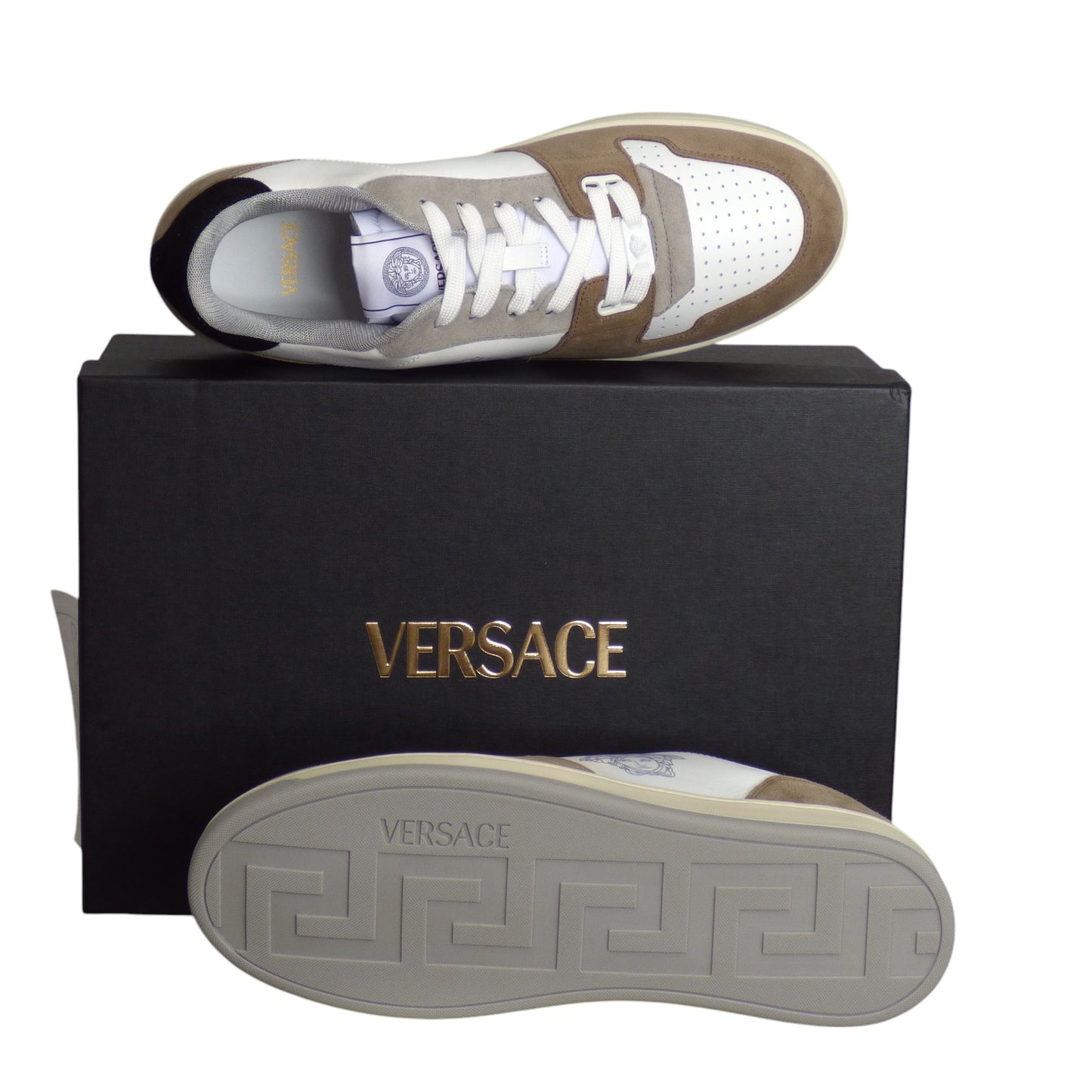 VERSACE-2024 NWT White & Taupe Vitello Sneakers, Multiple Sizes