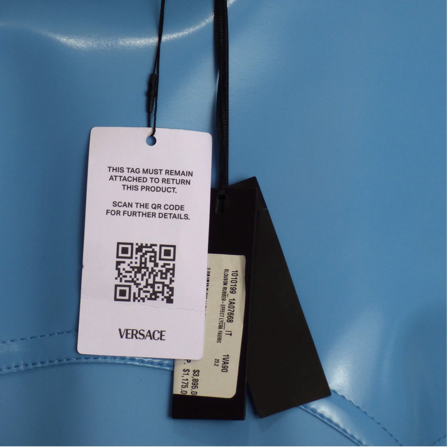 VERSACE- NWT Fall 2023 Blue Topstitch PVC Jacket, Size Large