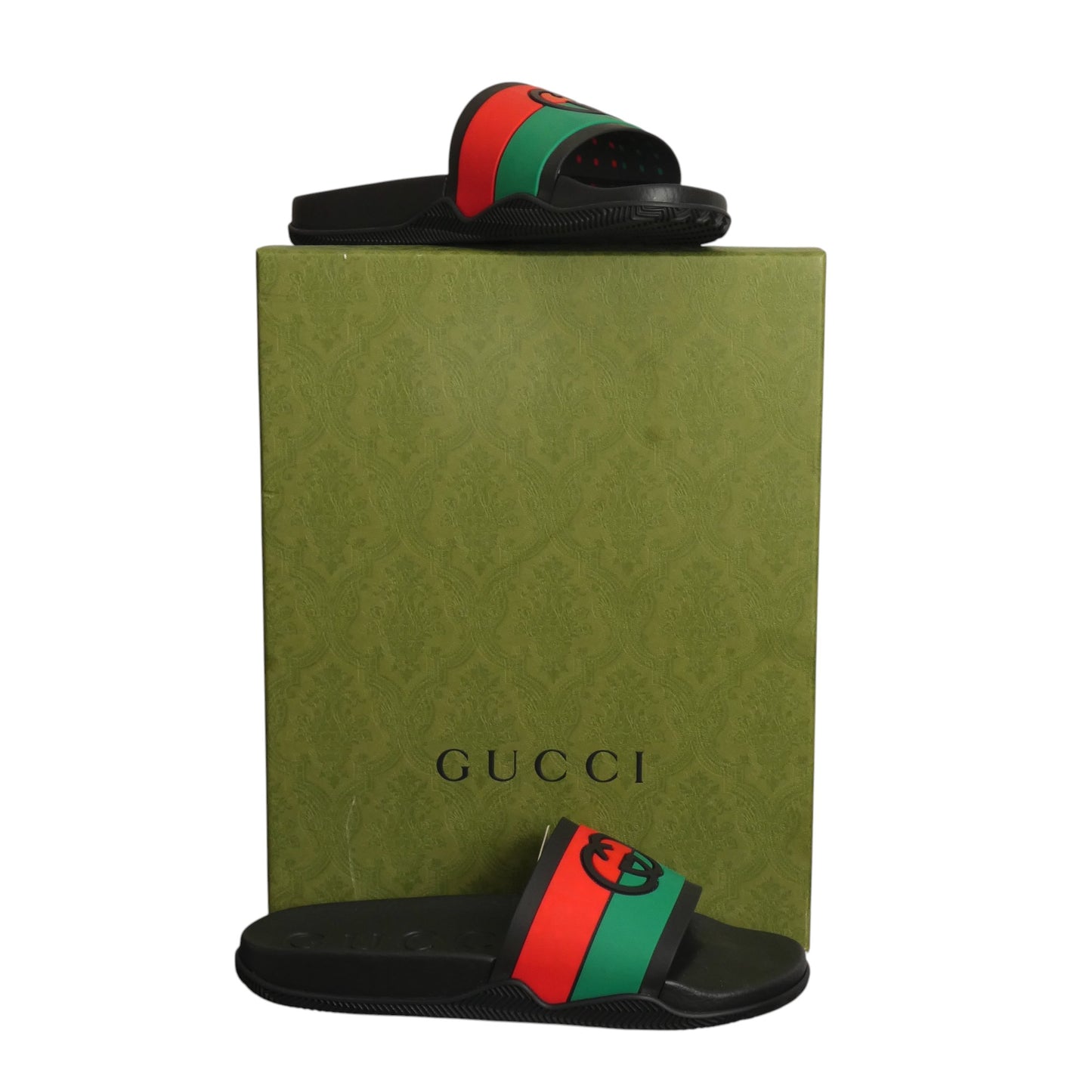 GUCCI- NIB Rubber Web Interlocking G Slides, Multiple Sizes Available