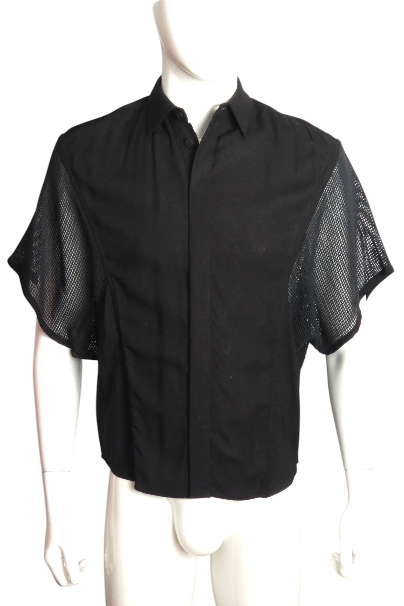 ISSEY MIYAKE- Black Rayon & Mesh S/S Shirt, Size Large