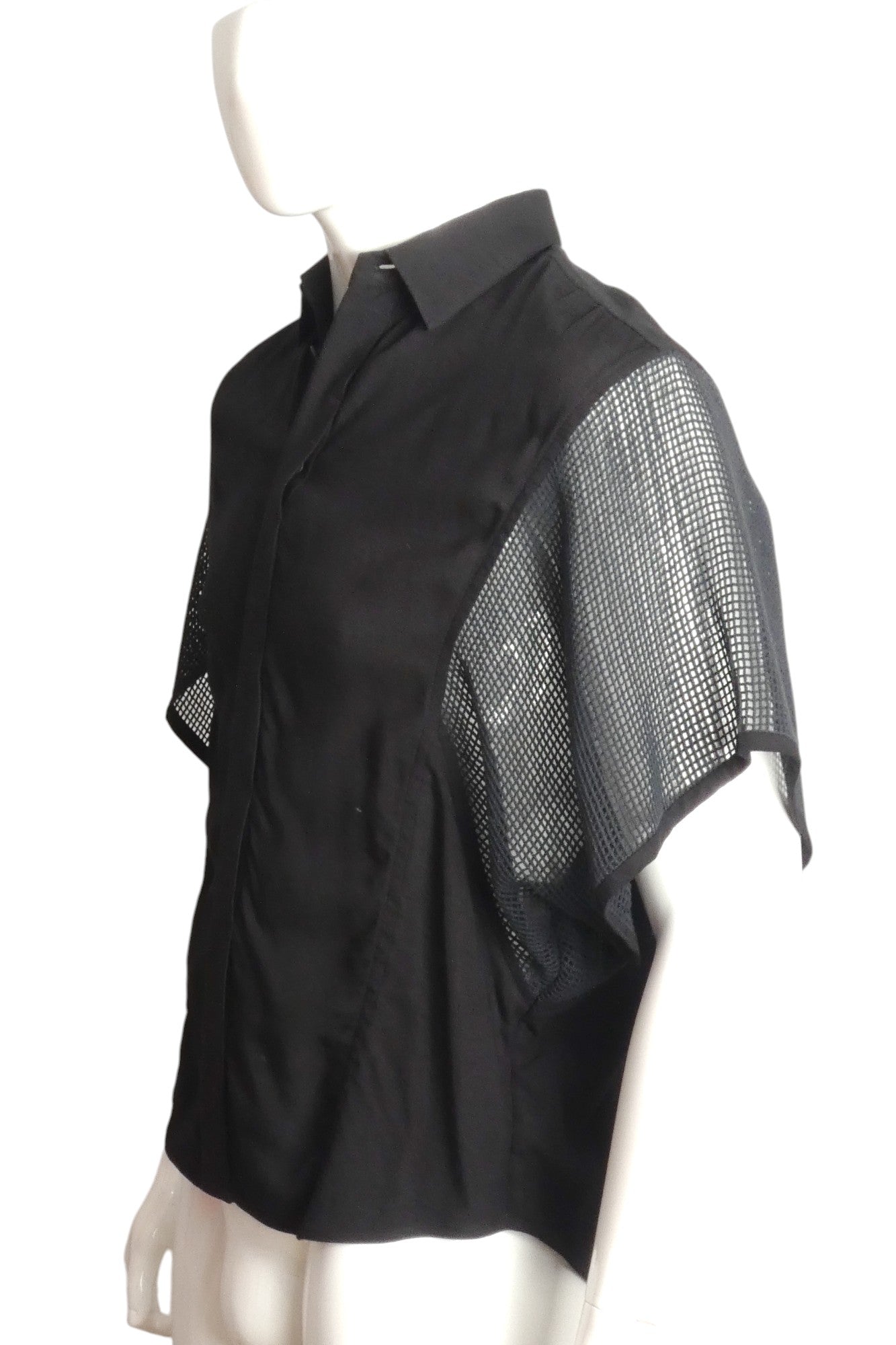 ISSEY MIYAKE- Black Rayon & Mesh S/S Shirt, Size Large