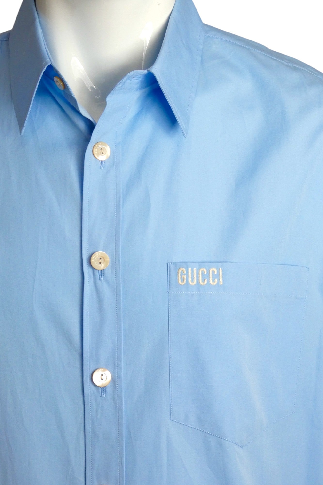 GUCCI- Blue Poplin Shirt with Removable Lower Sleeves, Size Medium