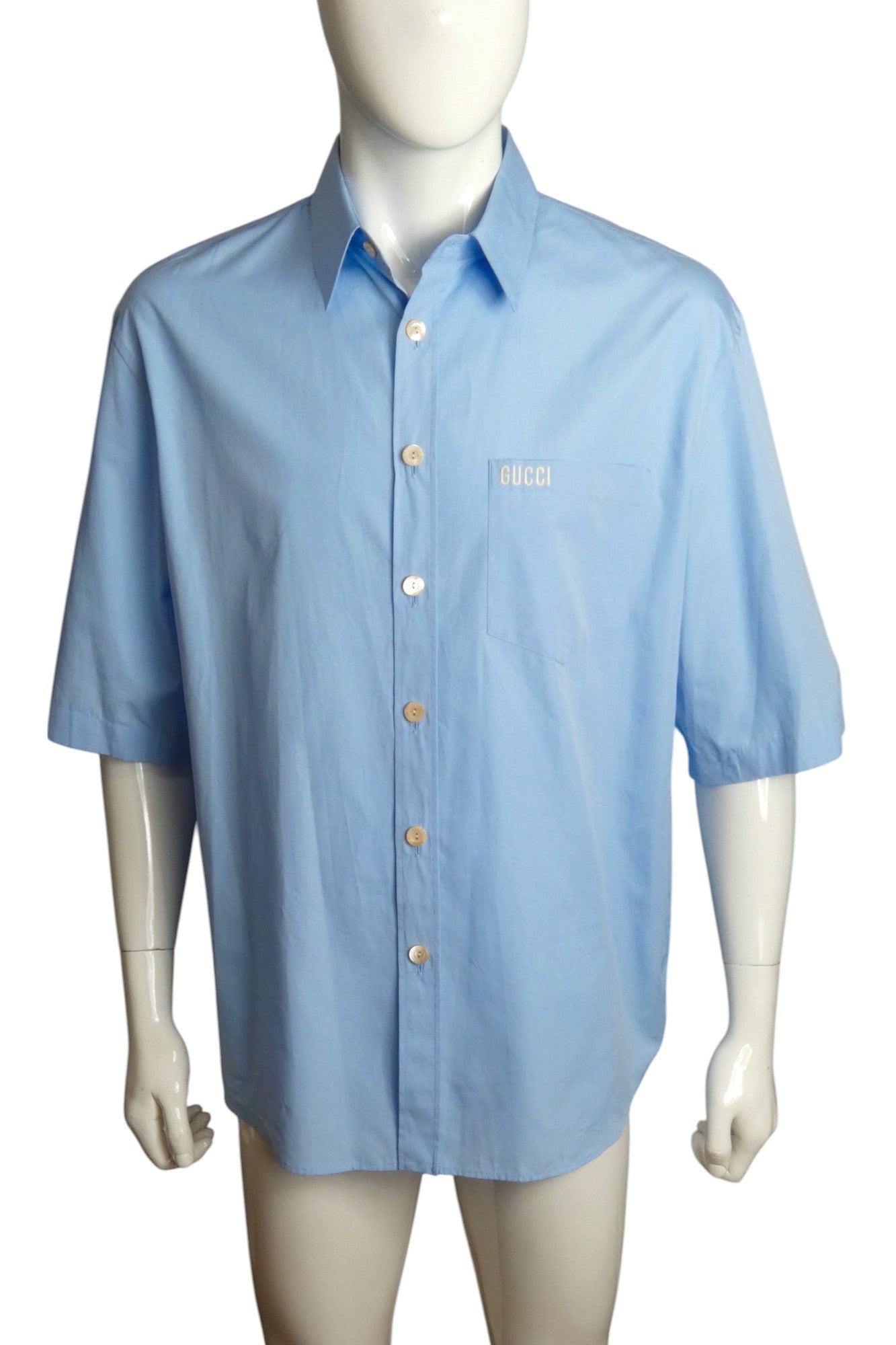 GUCCI- Blue Poplin Shirt with Removable Lower Sleeves, Size Medium