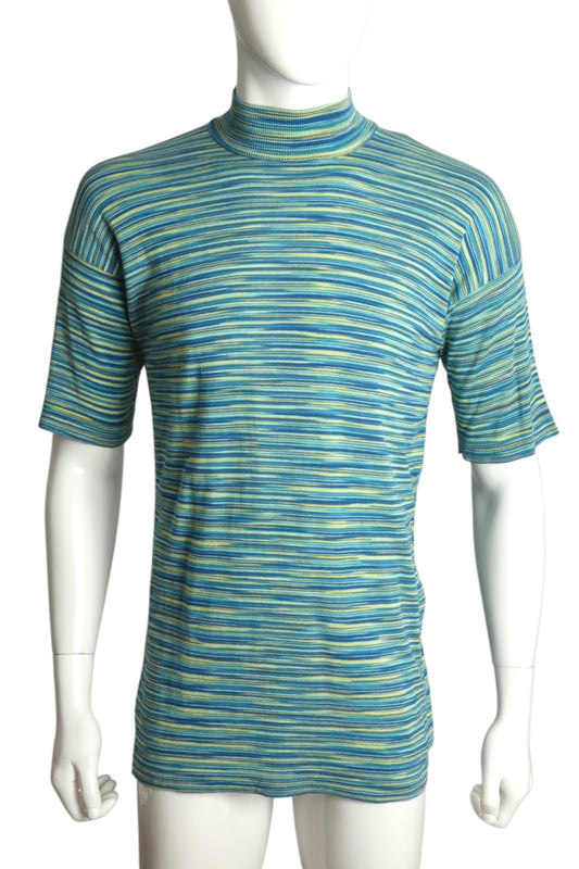 MISSONI- 1970s Mock Neck Striped Knit Shirt, Size Large