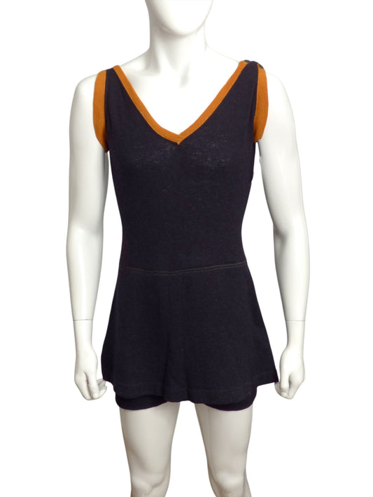AS IS 1920s Black & Orange Wool Swimsuit, Size Large