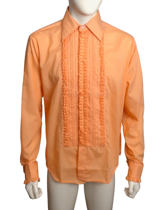 1970s Peach Ruffled Tuxedo Shirt, Size Large