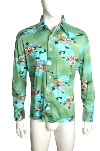 1970s  Floral Print Nylon L/S Shirt, Size Large