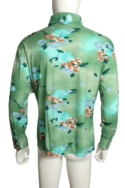 1970s Floral Print Nylon L/S Shirt, Size Large