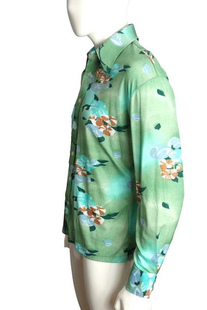 1970s Floral Print Nylon L/S Shirt, Size Large