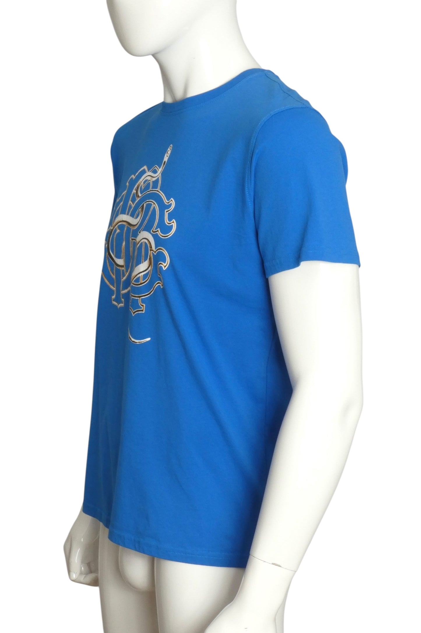 ROBERTO CAVALLI- Blue Logo Graphic Print T-Shirt, Size Large