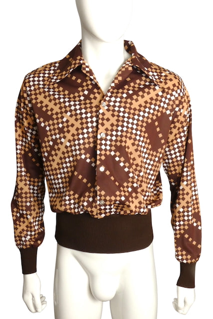 1970s L/S Polyester Knit Bag Shirt, Size Large