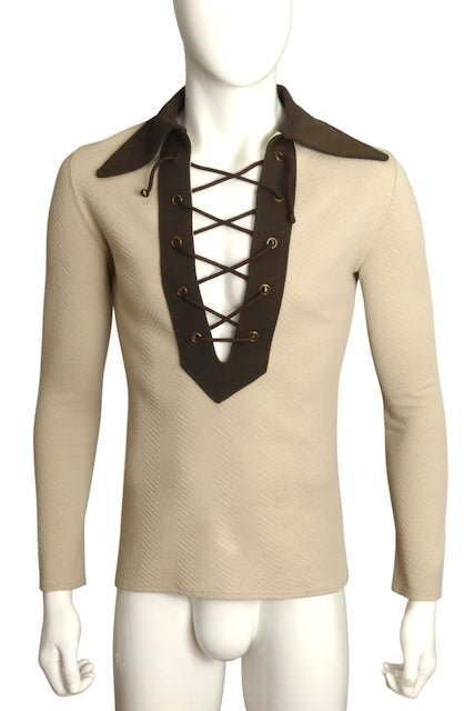 1970s Lace Up L/S Polyester Shirt, SIze Medium
