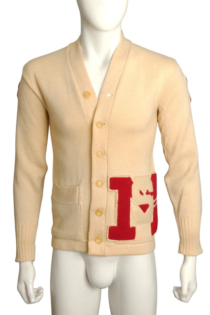 1953 Ivory Wool Lettermans Cardigan, Size Small