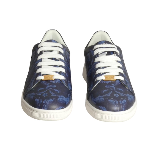 VERSACE-NIB Blue Print Leather Baroque Low Top Sneakers, Size 43