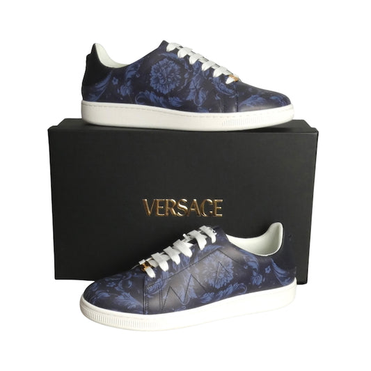 VERSACE-NIB Blue Print Leather Baroque Low Top Sneakers, Size 43