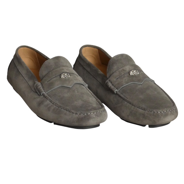 VERSACE-NIB Gray Suede Driving Moccasins, Size 44