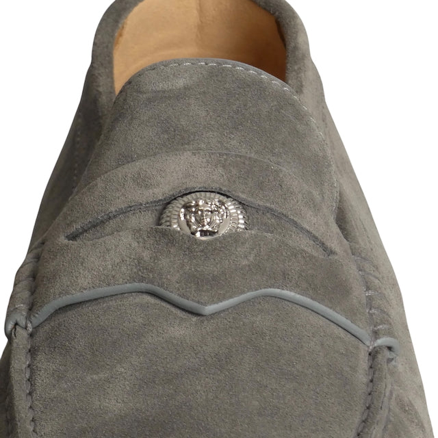 VERSACE-NIB Gray Suede Driving Moccasins, Size 44