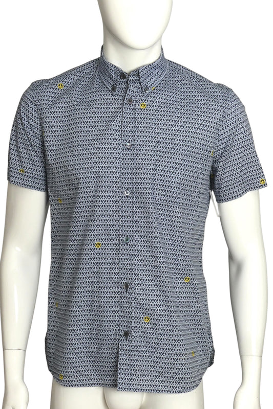 MOSCHINO- Blue Peace Sign S/S Cotton Shirt, Size Medium