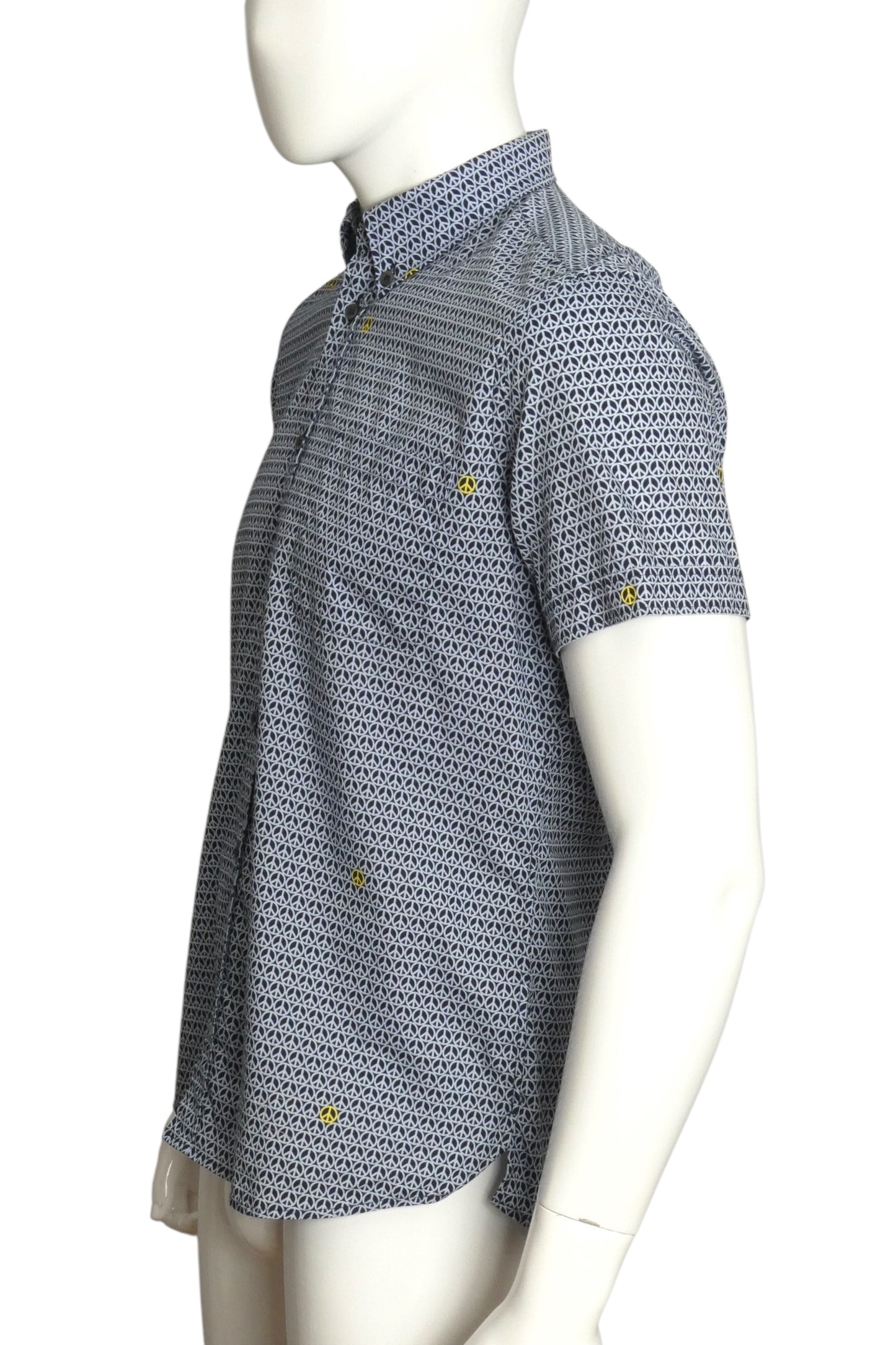 MOSCHINO- Blue Peace Sign S/S Cotton Shirt, Size Medium