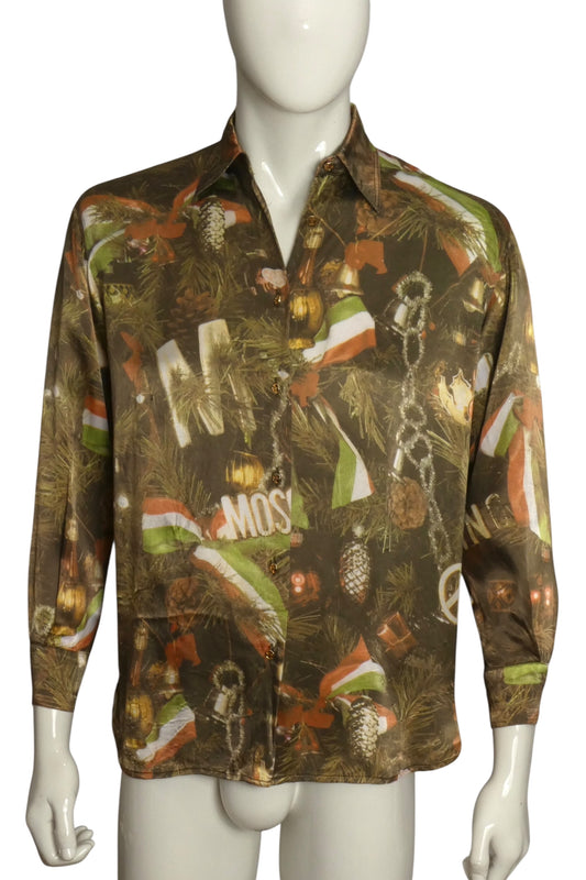 MOSCHINO JEANS- 1990s Christmas Tree Print Poly Shirt, Size Small