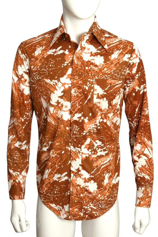 1970s Brown Print Knit L/S Shirt, Size Medium