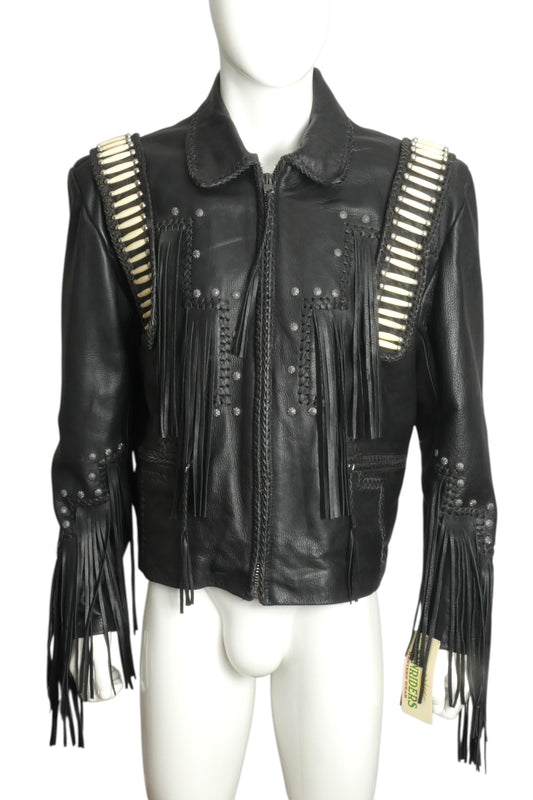 1980s NWT Black Leather Bead & Fringe Jacket, Size Large