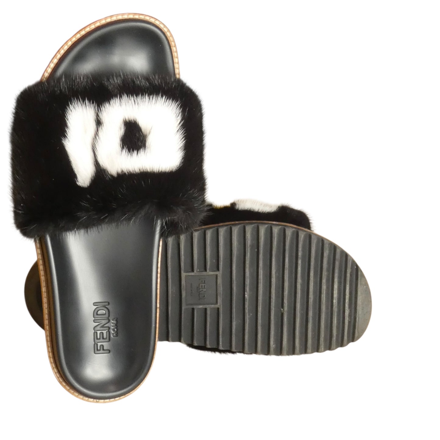 FENDI X FILA - 2018 Black Fur Slide Sandals, Size-UK 12