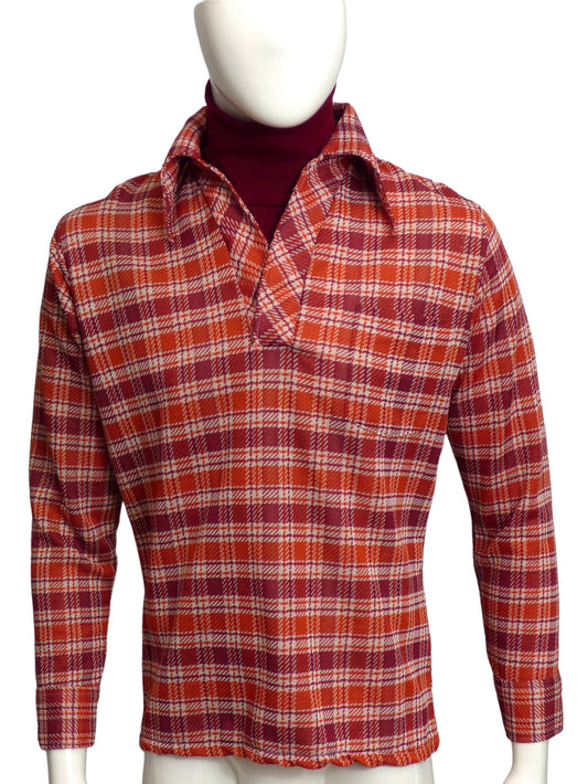 1970s Plaid Knit L/S Mockneck Shirt, Size Medium