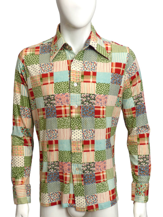 1970s Patchwork Knit L/S Shirt, Size XL