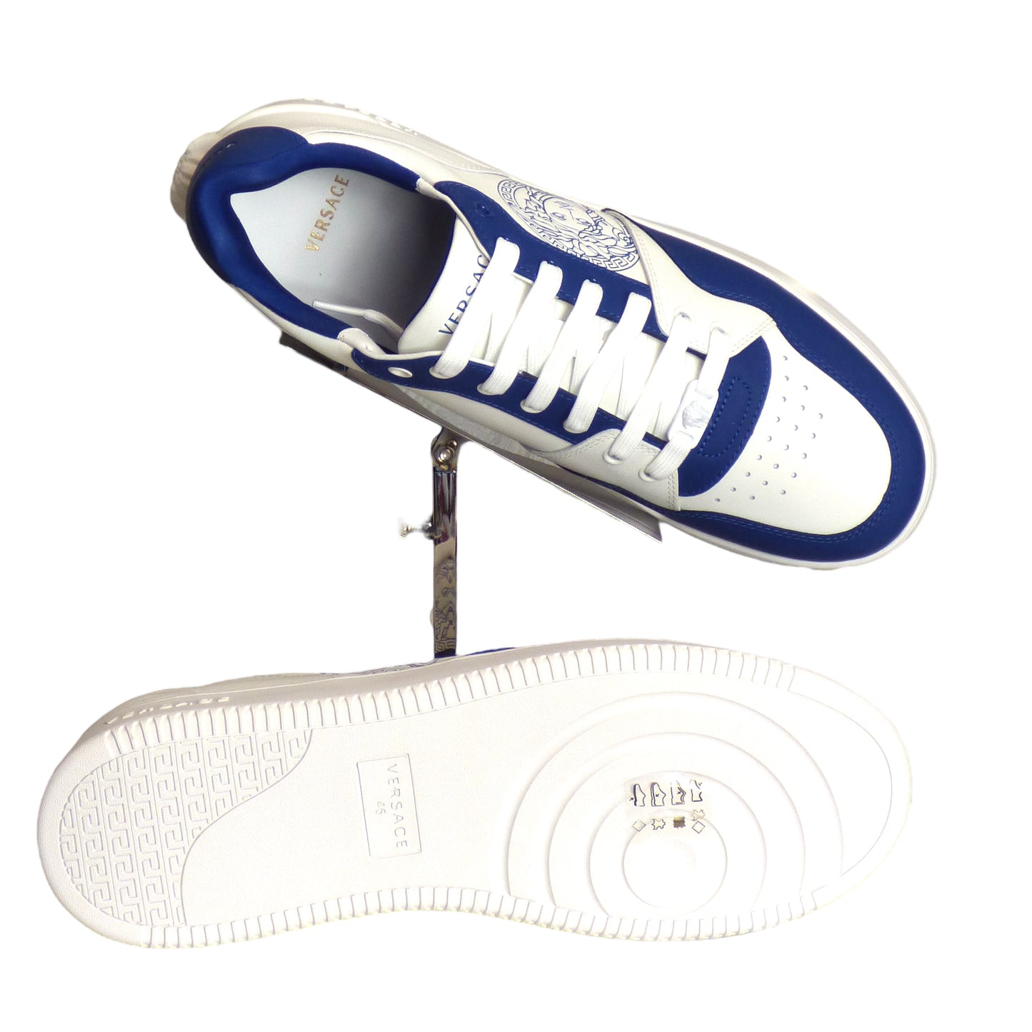 VERSACE-2023 NWT White & Blue Vitello Sneakers, Multiple Sizes