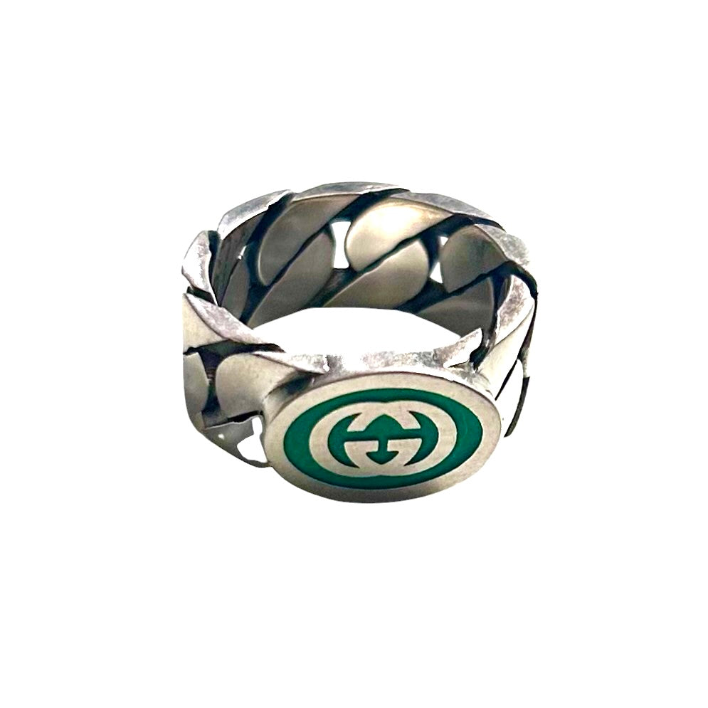 GUCCI- Wide Sterling Silver & Enamel Gourmette Chain Ring, Gucci Size-23