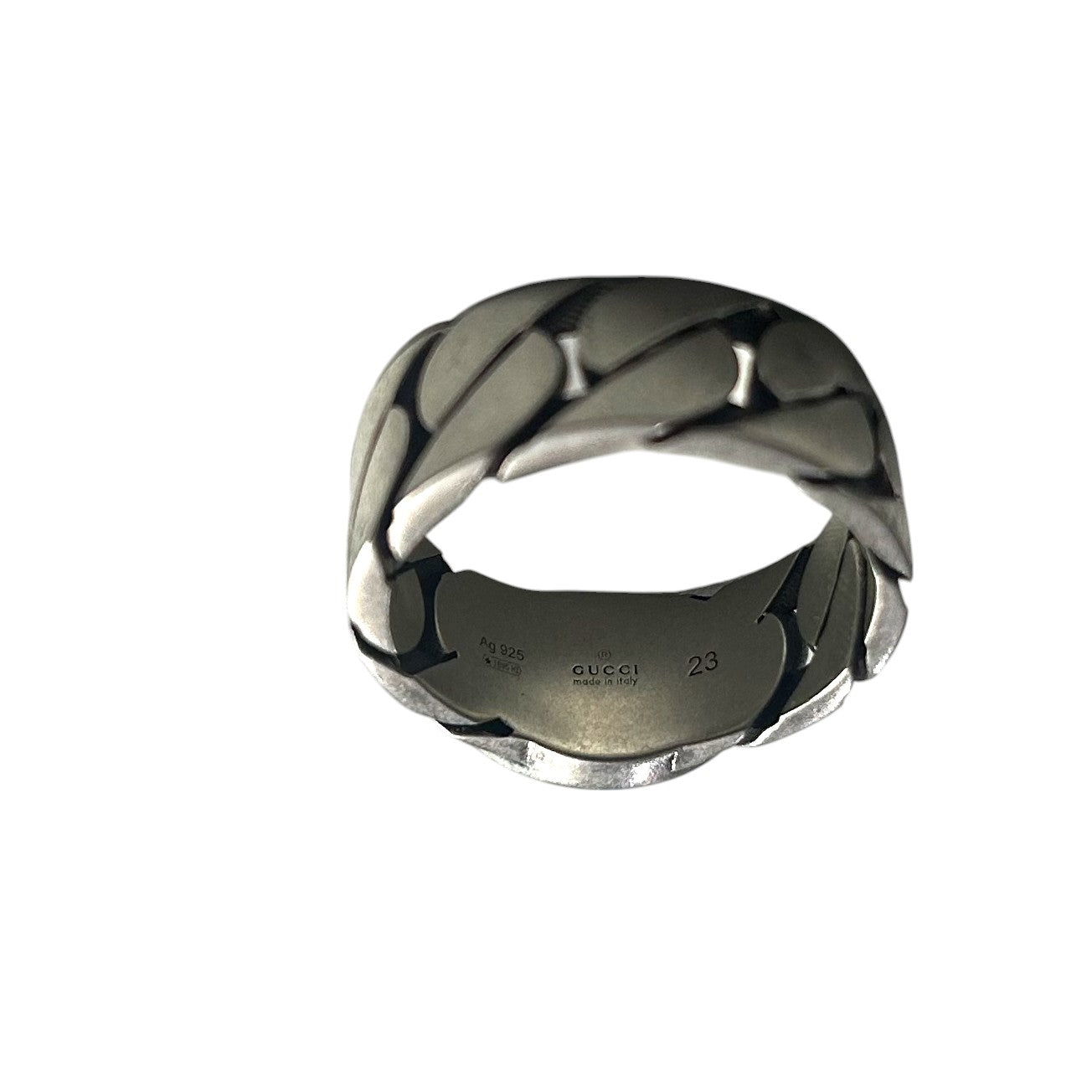 GUCCI- Wide Sterling Silver & Enamel Gourmette Chain Ring, Gucci Size-23