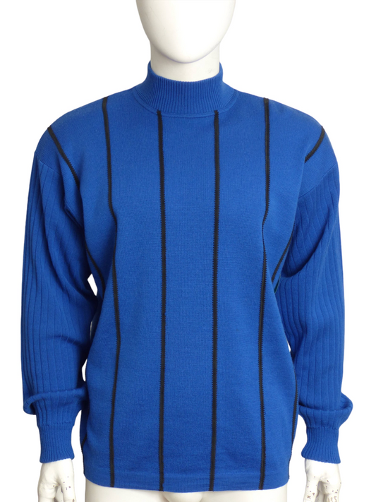 CLAUDE MONTANA-1980s Blue Wool Stripe Sweater, Size-Large