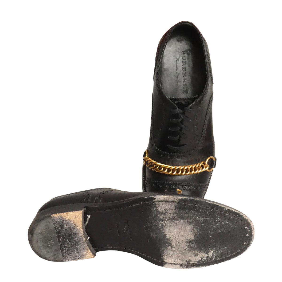 BURBERRY - Black Leather Cap Toe Chain Shoes, Size-43