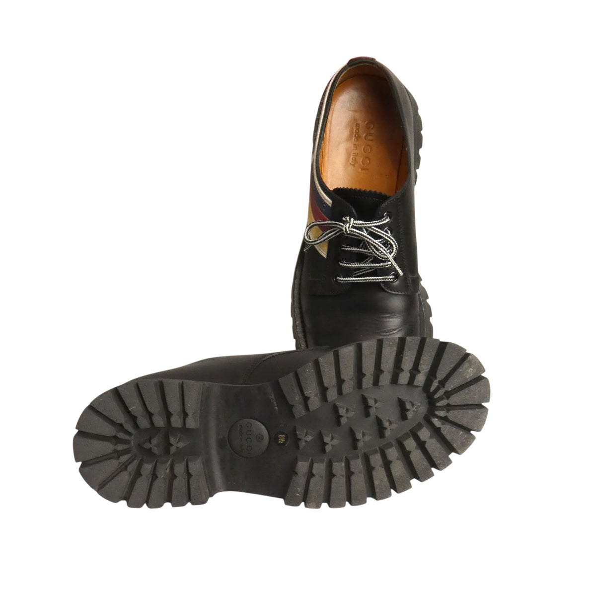 GUCCI - Black Striped Leather Brogues, Size-UK 8.5