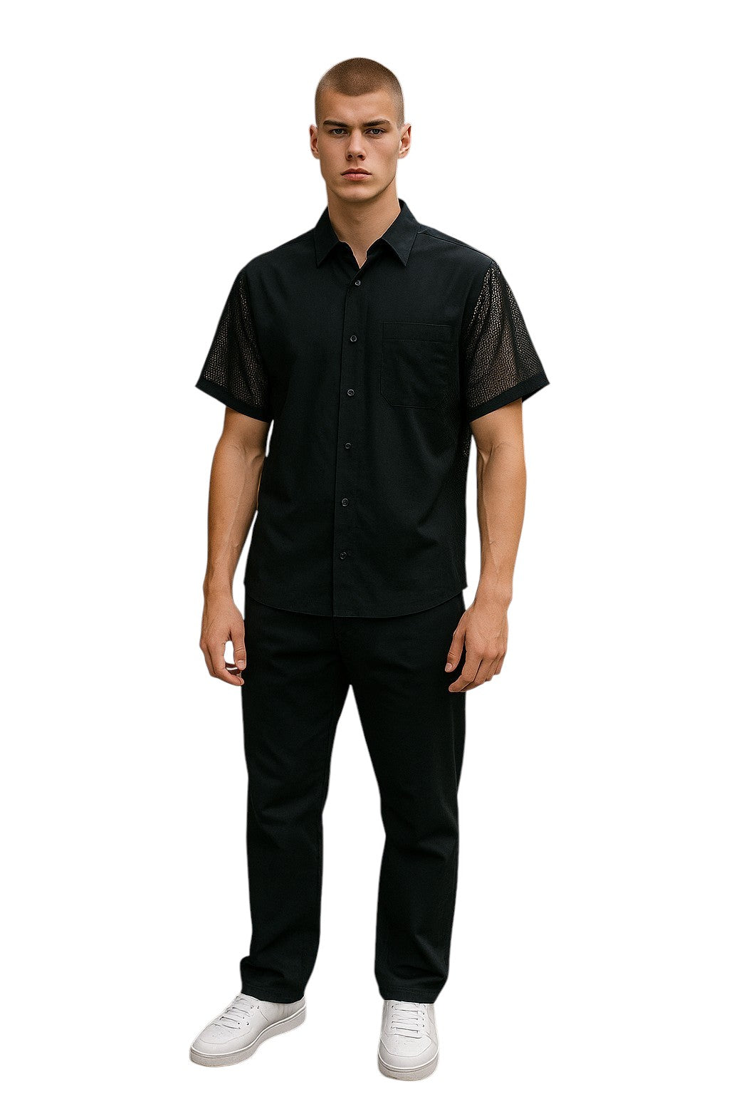 ISSEY MIYAKE- Black Rayon & Mesh S/S Shirt, Size Large