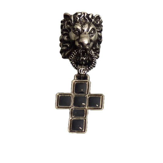 GUCCI-Lion Head Ring with Enamel Cross Pendant